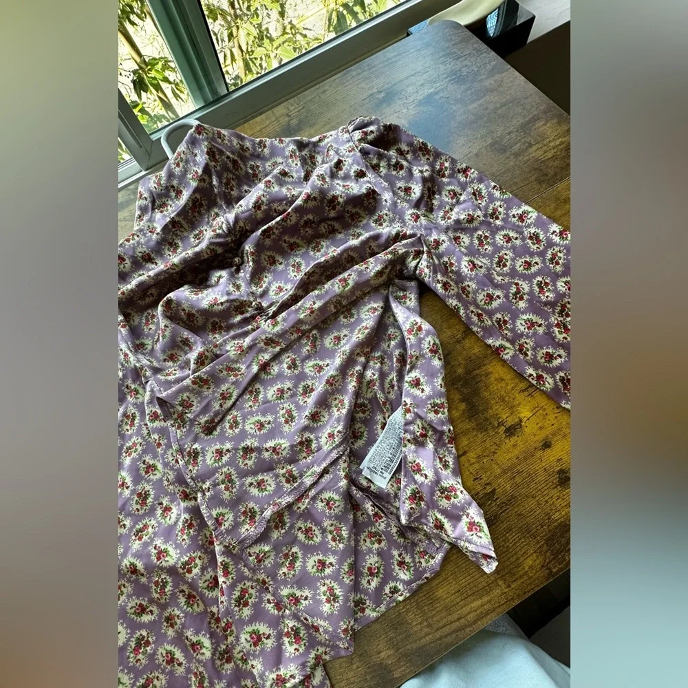 ZARA Gathered Floral Turtleneck Blouse Purple Lavender